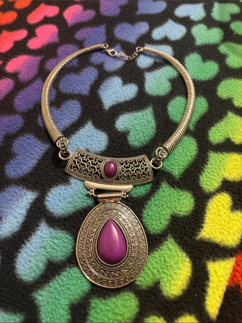 Silver-Tone Purple Pendant Statement Necklace